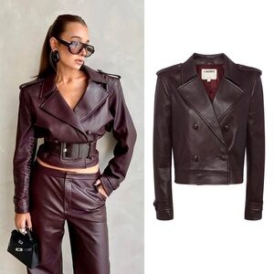 L’AGENCE Xoey Cropped Leather Trench Coat in Dark Syrah